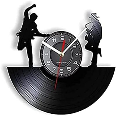 Round Wall Clock Saxophonist and Guitarist Jazz Music Room Band Laser Cut Shadow Art Club Pub Watch Retro Timepieces Decorative Gift