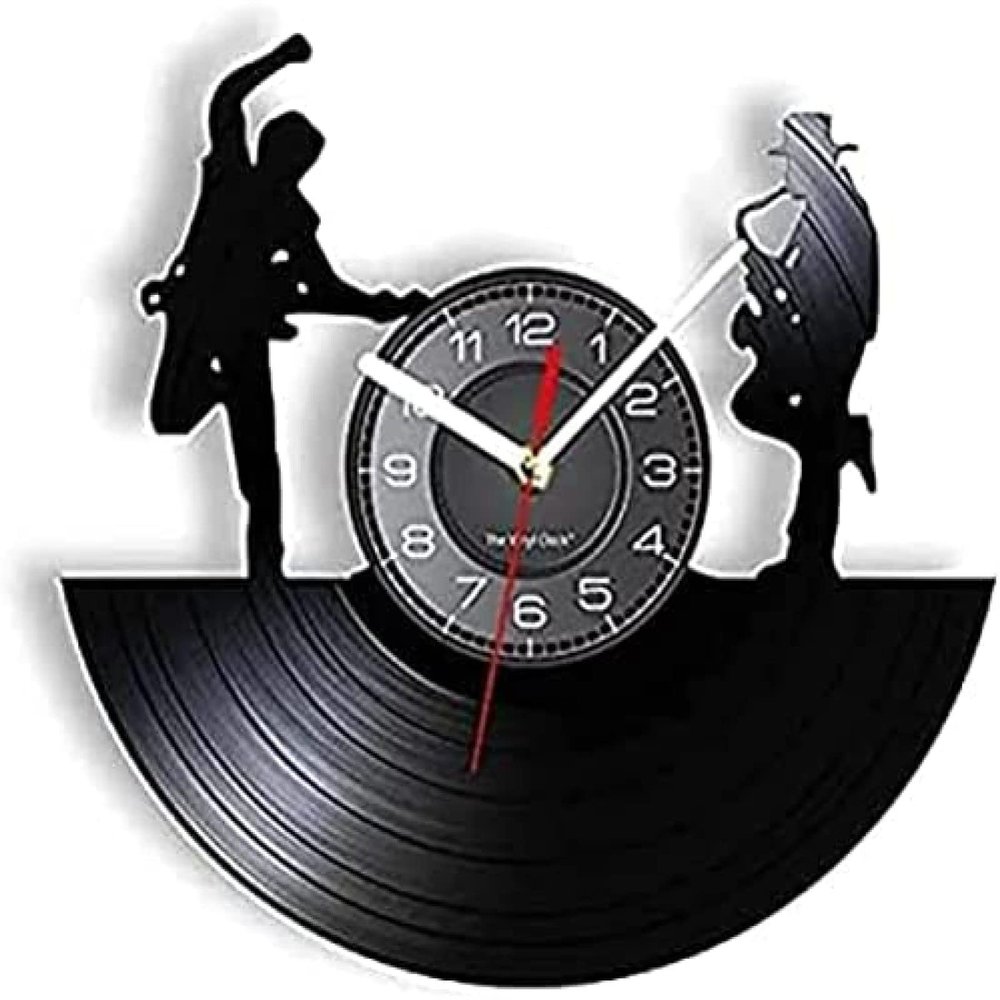Round Wall Clock Saxophonist and Guitarist Jazz Music Room Band Laser Cut Shadow Art Club Pub Watch Retro Timepieces Decorative Gift