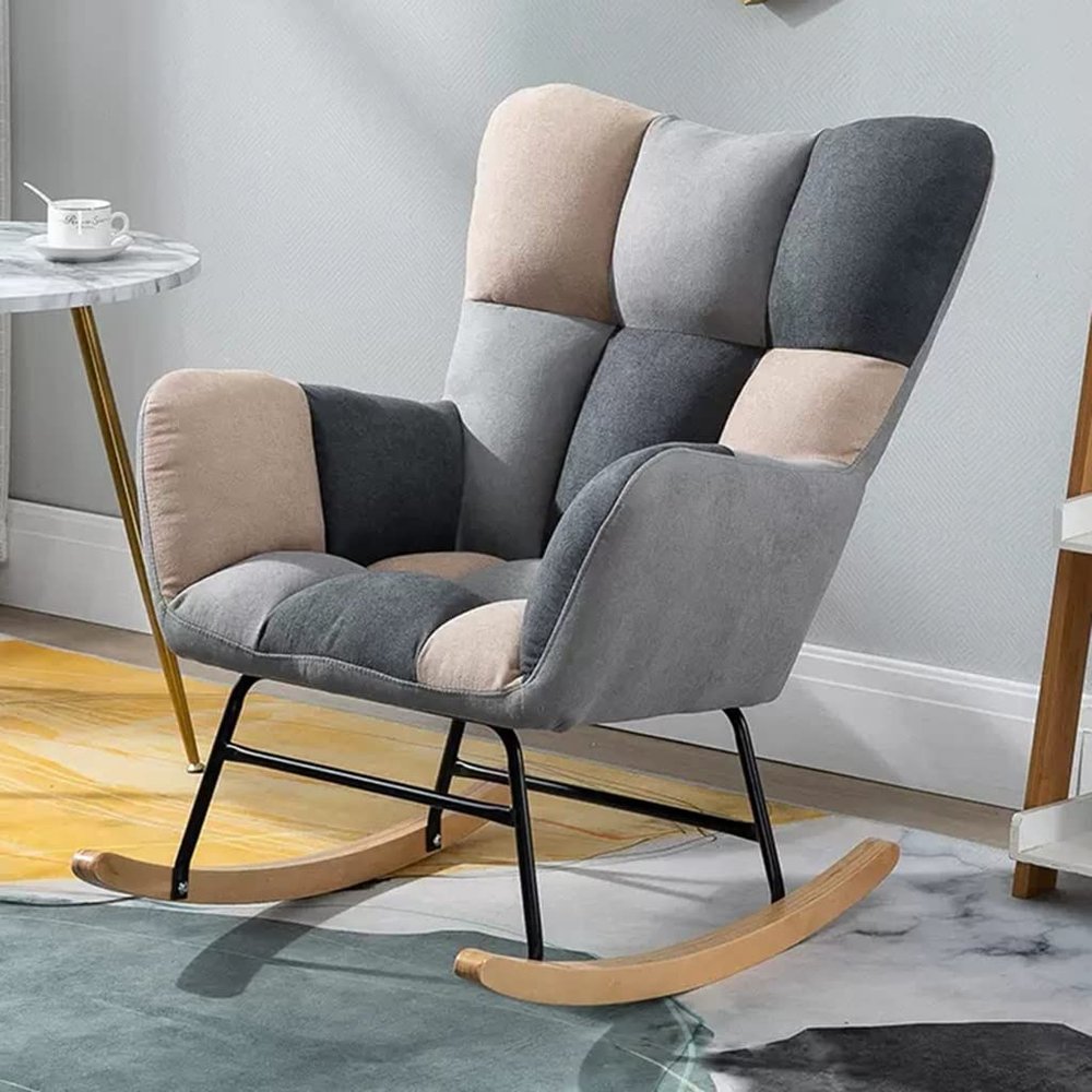 Rocking Accent Chair Upholstered Nursery Glider Rocker for Baby/Kids Comfy Nursing Lounge Side Chair for Living Room,Mid Century Fabric Rocker Recliner Chairs with Wood Legs (Color : Gray-2)