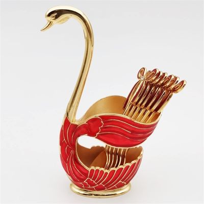 Ruehalf Golden Swan Cutlery Set Stainless Steel Spoon Fork Swan Base Holder Portable Teaspoons For Salad Dessert Cake Coffee Home Decor (Color : C red swan 6spoons)