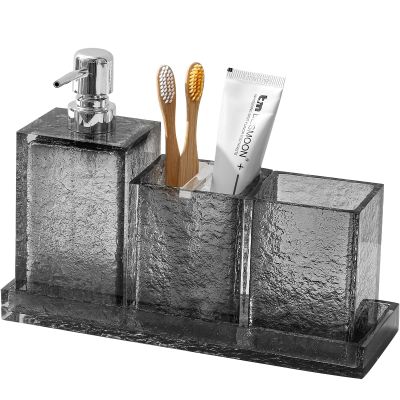 Haocoott Bathroom Accessories Set, 4Pcs Hand Soap Dispenser and Toothbrush Holder Set, Tumbler Mouthwash Cup, Vanity Tray for Modern Home Decor Bathroom Countertop Organizer (Gray)