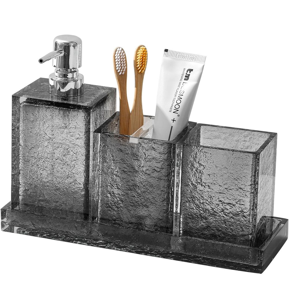 Haocoott Bathroom Accessories Set, 4Pcs Hand Soap Dispenser and Toothbrush Holder Set, Tumbler Mouthwash Cup, Vanity Tray for Modern Home Decor Bathroom Countertop Organizer (Gray)