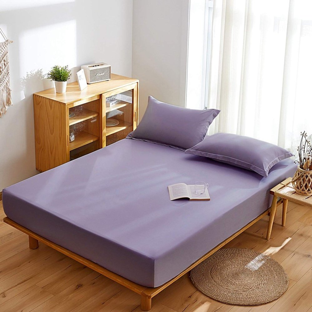 FCLDESHOP Bedding Fitted Sheets,Solid Color Pure Cotton Brushed Non-Slip Mattress Cover, Hotel Homestay Mattress Topper Bed Cover Bottom Sheet,Purple,200 * 220cm (79 X 87inch)