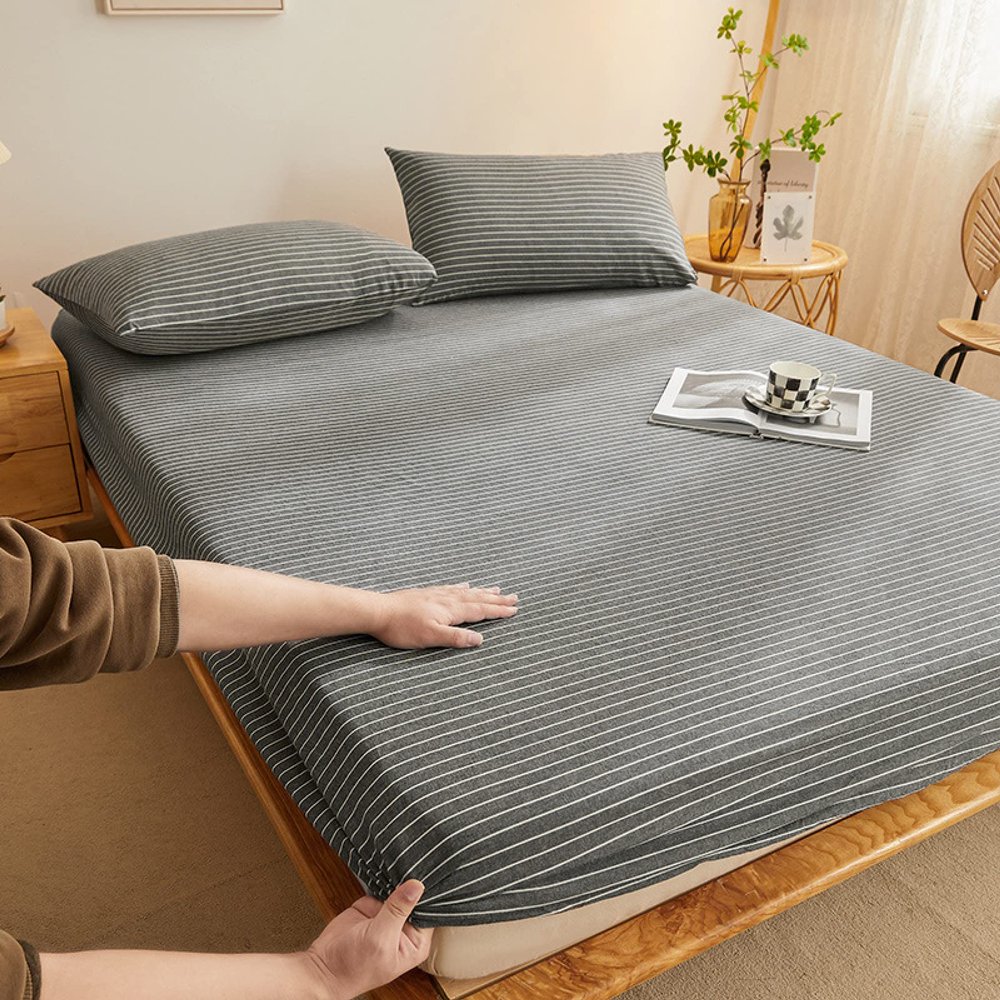 FCLDESHOP Mattress Cover Noiseless,Soft Comfortable Cotton Washed Cotton Deep Pocket Fitted Sheet,Bedroom Homestay Solid Mattress Protector,Stripe,180 * 200cm+25cm