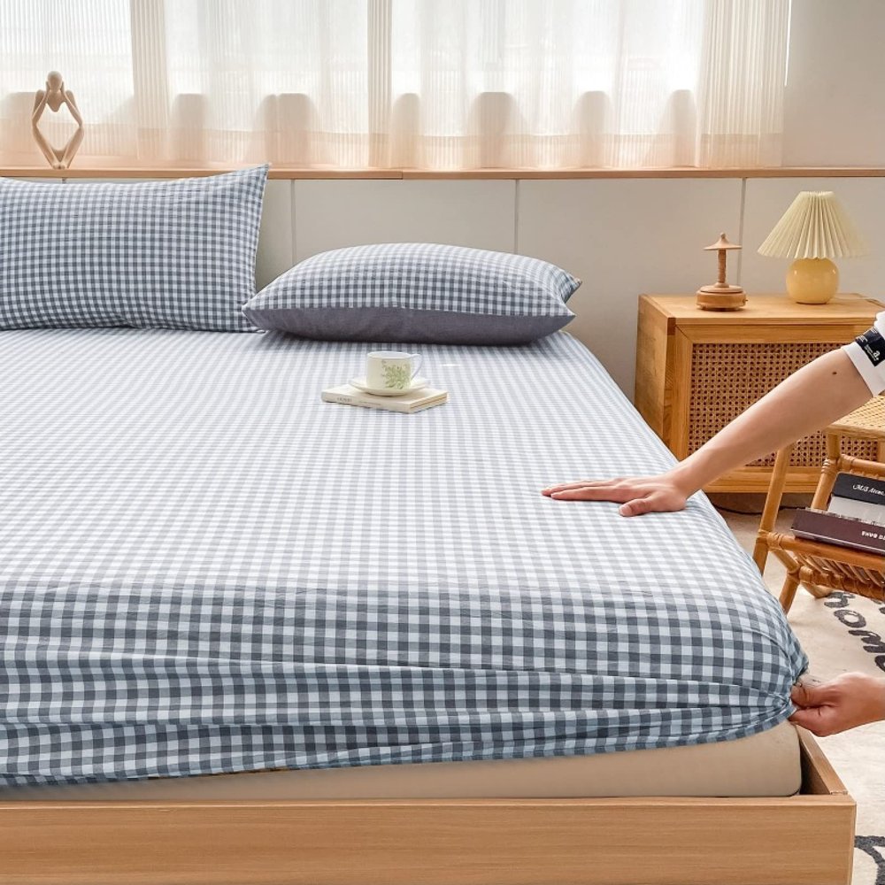 FCLDESHOP Snug Fit Mattress Protector,Pure Cotton Solid Color Deep Pocket Mattress Protector, Bedroom Hotel Washed Cotton Mattress Bag Pillowcase,Blue 2,150 * 200cm (3pcs)