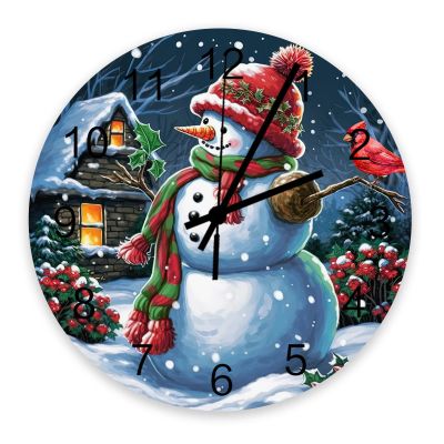 Christmas Snowman 10 Inch Silent Non-Ticking Round Wall Clock Xmas Snowy Wooden House Red Birds Wooden Wall Clock Roman Numeral Hands Clock Home Decor for Kitchen, Living Room, Bedroom, Office