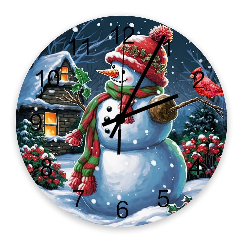Christmas Snowman 10 Inch Silent Non-Ticking Round Wall Clock Xmas Snowy Wooden House Red Birds Wooden Wall Clock Roman Numeral Hands Clock Home Decor for Kitchen, Living Room, Bedroom, Office