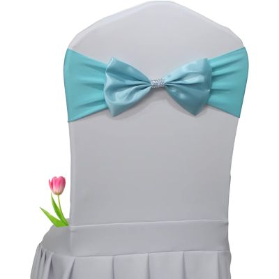 SENQIAN Pack of 10 Aqua Blue Bow Chair Sashes Spandex Stretch Chair Bands Elastic Chair Ties for Romantic Wedding Party Birthday Reception Hotel Banquet Chair Cover Decoration