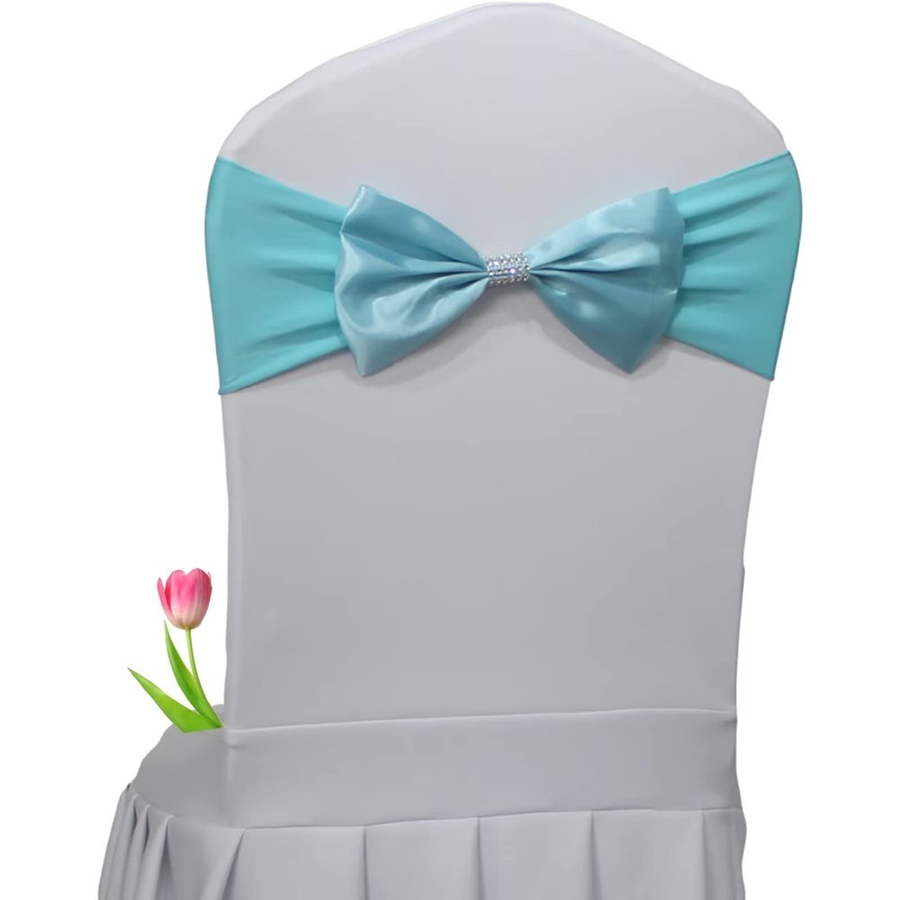 SENQIAN Pack of 10 Aqua Blue Bow Chair Sashes Spandex Stretch Chair Bands Elastic Chair Ties for Romantic Wedding Party Birthday Reception Hotel Banquet Chair Cover Decoration