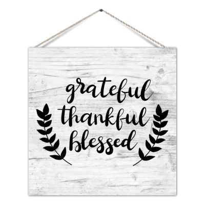 Decorative Wooden Sign Grateful Thankful Blessed Motivational Wood Plank Hanging Plaque with Sayings Quote Wooden Wall Hanging Door Sign Farmhouse Wall Decor for Porch Kitchen 12in