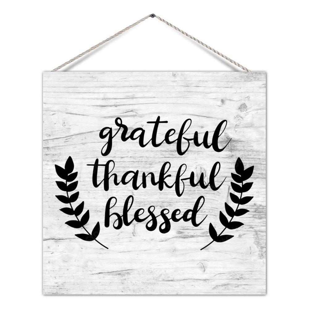 Decorative Wooden Sign Grateful Thankful Blessed Motivational Wood Plank Hanging Plaque with Sayings Quote Wooden Wall Hanging Door Sign Farmhouse Wall Decor for Porch Kitchen 12in