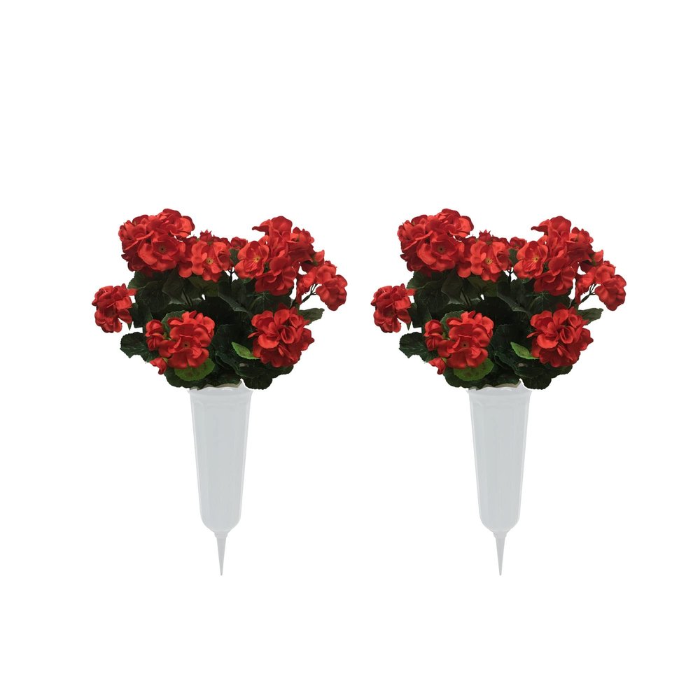 Silk Artificial Fake Geraniums Flowers Bush Realistic for Outdoor Planters, Cemetery Graves & Memorials- Arrangements (4, Red)