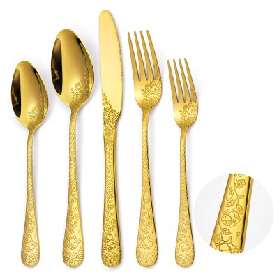 AHOUSEWARE Gold Flatware Floral Set Stainless Steel Silverware 30 Piece Forks Spoon Knives Cutlery for 6 Kitchen Utensil Vintage Embossed Handle Durable Festival Parties Everyday Use