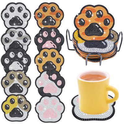 BPILOT 10 Pieces Paw Diamond Painting Coaster kit, DIY Diamond dot Art Wood Coaster, Paw Diamond Painting Coaster with Stand, Suitable for Adult Beginner and Kids Art Craft Supplies Gifts