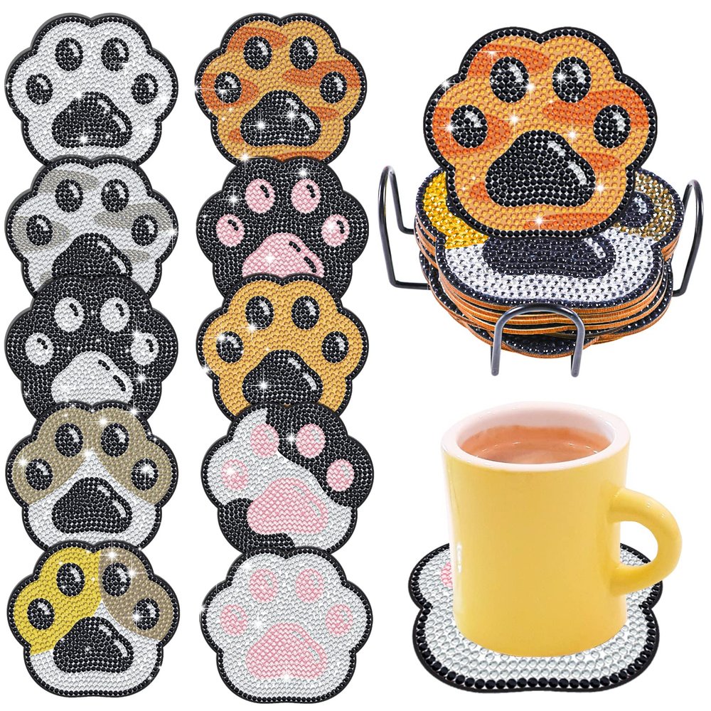 BPILOT 10 Pieces Paw Diamond Painting Coaster kit, DIY Diamond dot Art Wood Coaster, Paw Diamond Painting Coaster with Stand, Suitable for Adult Beginner and Kids Art Craft Supplies Gifts
