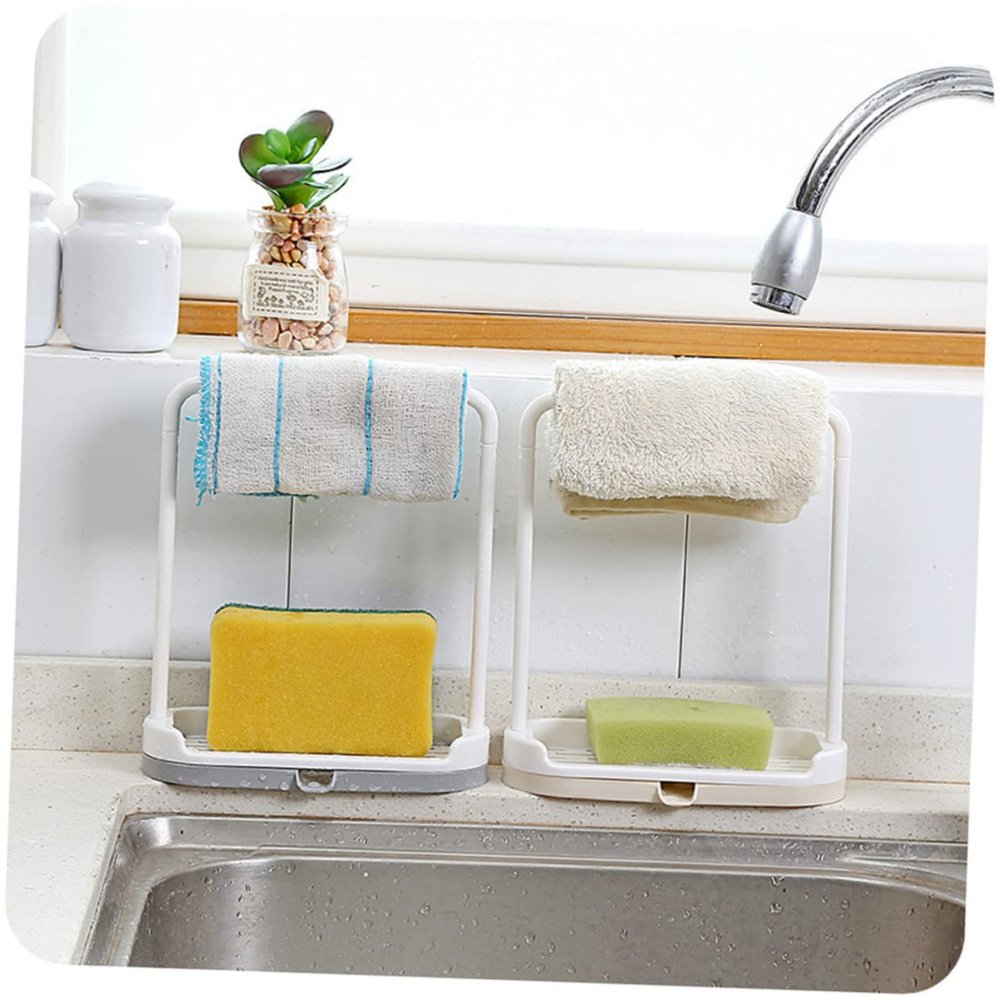 YARNOW Rag Rack Plastic Countertop Organizer Removable Dishcloth Sponge Drying Stand Side Spout for Easy Drainage Beige Kitchen Towel Holder for Mess Drying