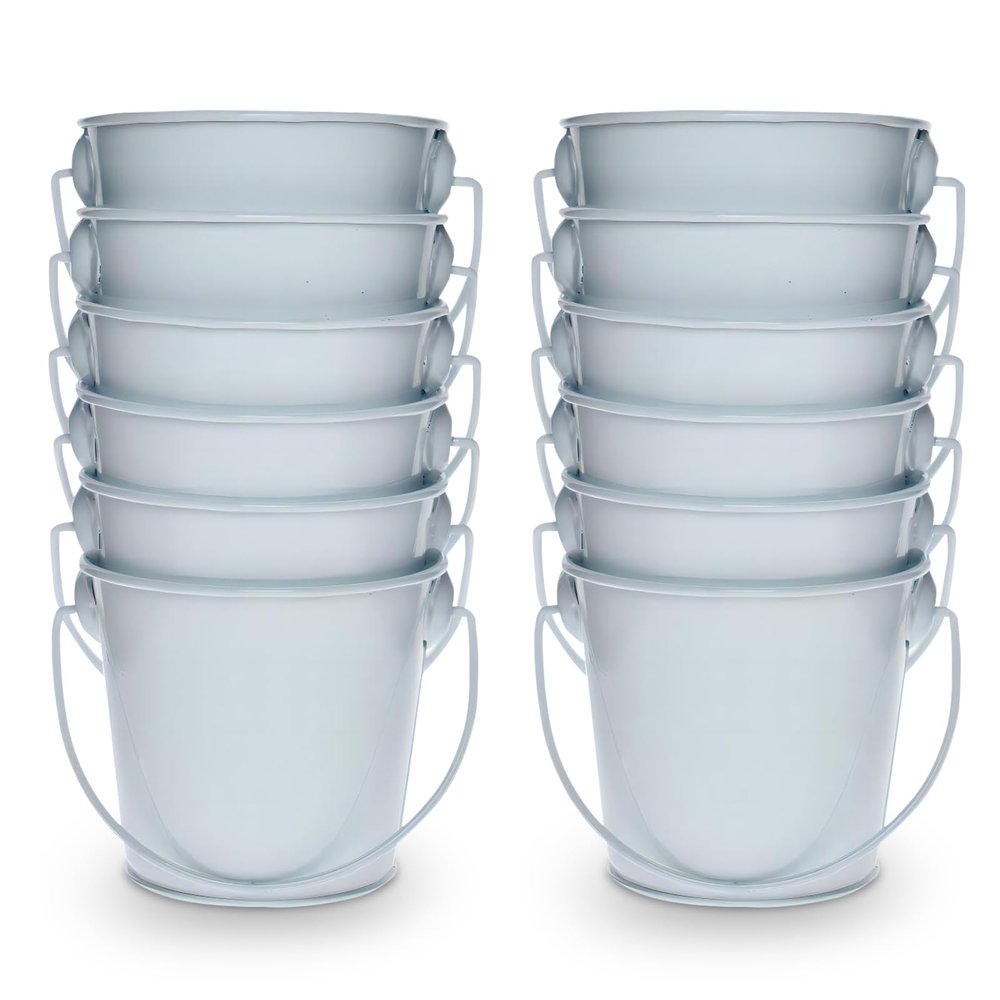 3.1" Galvanized Mini Tin Buckets  12Pcs White Metal Buckets with Handle, Ideal for Party Favors, Bridal Shower and Craft Projects (White, 3.1")