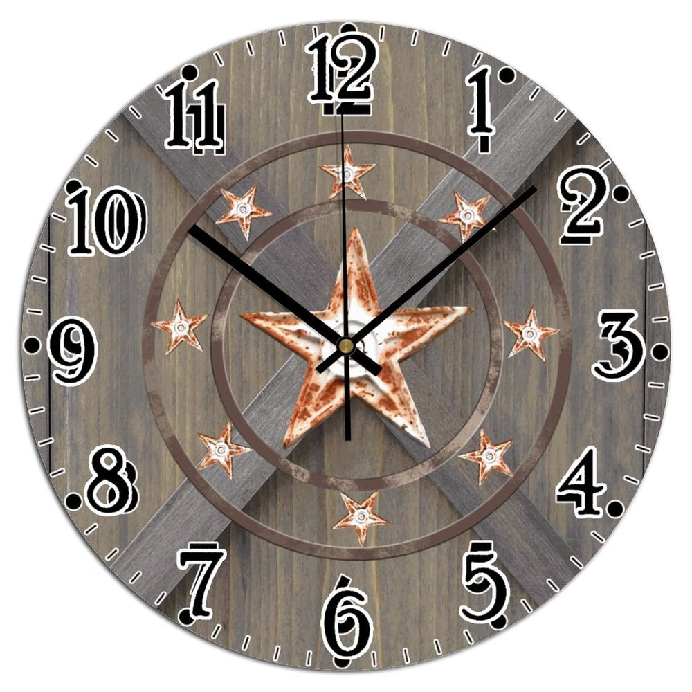COCOKEN Western Texas Star Wall Clock Texas 15 Inch Large Wall Clocks Battery Operated Silent Farmhouse Wall Decor for Kitchen Living Room Bedroom Classroom