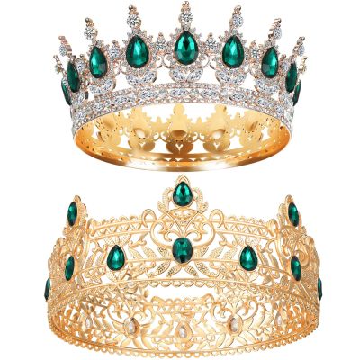 MTLEE 2 Pcs Prom King and Queen Crowns for Men Women King Queen Crowns Tiara with Rhinestone for Wedding Birthday Grad(Green Gold, Green Style)