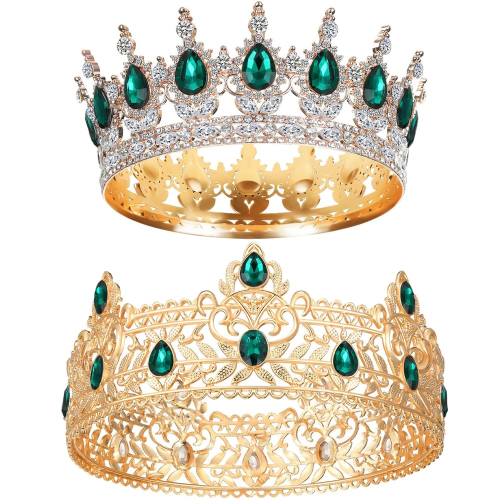 MTLEE 2 Pcs Prom King and Queen Crowns for Men Women King Queen Crowns Tiara with Rhinestone for Wedding Birthday Grad(Green Gold, Green Style)