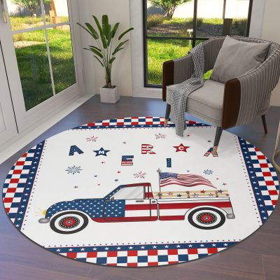 Round Area Rugs 3.3 FT Diameter for Kids Room Independence Day Trcuk with America Flag Plaid Decorative Rug Carpet Floor Mat Yoga Mat for Boys Girls Playroom Home Decor