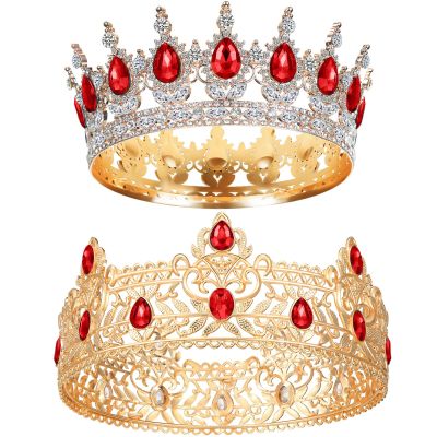MTLEE 2 Pcs Prom King and Queen Crowns for Men Women King Queen Crowns Tiara with Rhinestone for Wedding Birthday Grad(Red Gold, Red Style)