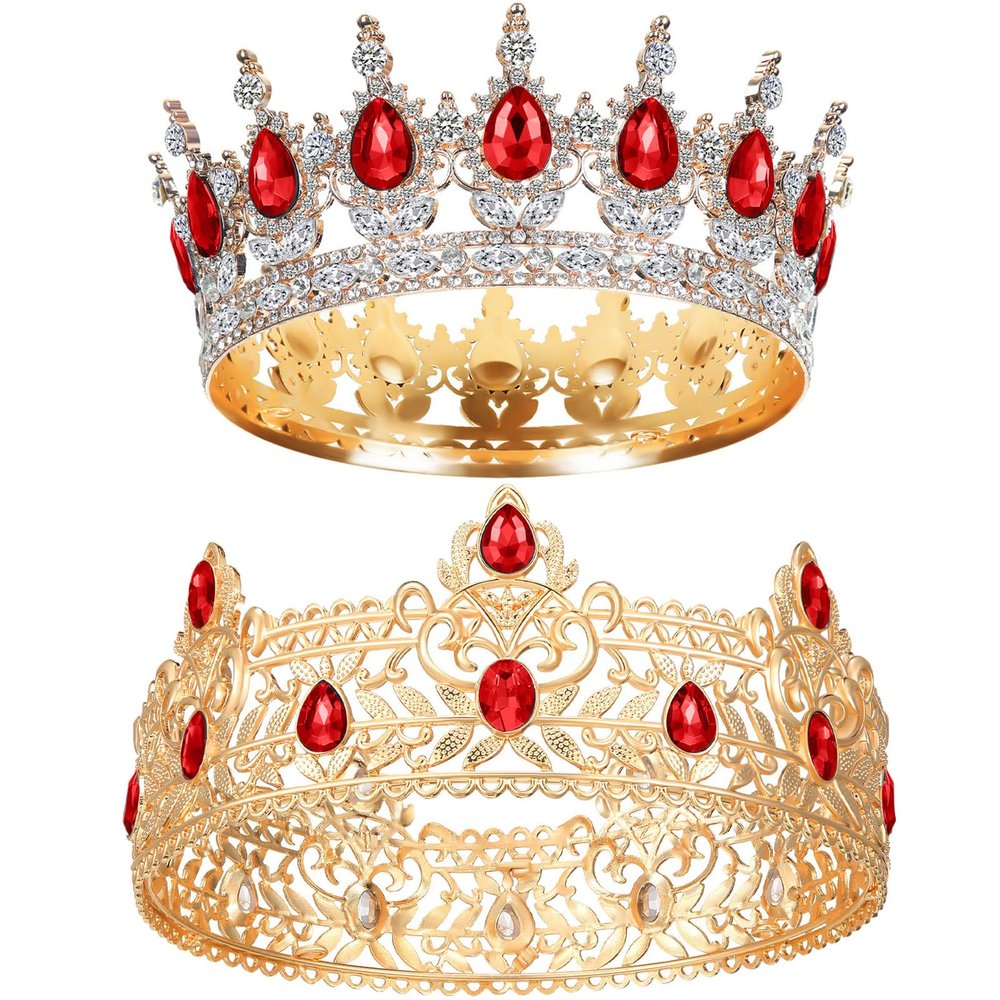 MTLEE 2 Pcs Prom King and Queen Crowns for Men Women King Queen Crowns Tiara with Rhinestone for Wedding Birthday Grad(Red Gold, Red Style)