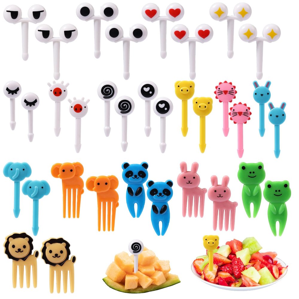 40pcs Fruit Food Forks, Plastic Fruit Fork Picks for Kids Mini Eyes Cute Animals Elephants Lion Pig Panda reusable fruit toothpicks for Kids Adults Bento Sandwich Box Decor Party Supplies