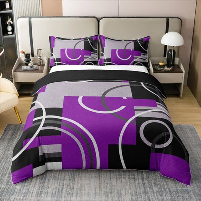 100% Cotton Abstract Stripes Swirls Duvet Cover Modern Purple White Comforter Cover Geometric Circles Lines Bedding Set Chic Black Grey Bed Sets Graphic Simple Style Quilt Cover With Zipper,King