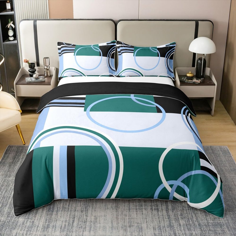 100% Cotton Modern Green Blue Full Duvet Cover Circles Swirls Bedding Sets Room Decor Abstract Black White Square Bed Sets Geometric Stripe Quilt Cover Modern Creative Texture Bedspread Cover