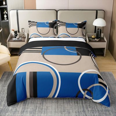 100% Cotton Modern Circles Swirls Comforter Cover King Geometric Spiral Square Bedding Set Blue Black Grey Duvet Cover Abstract Gromment Plaid Bed Sets Chic Graphic Texture Artwork Quilt Cover, 3Pcs