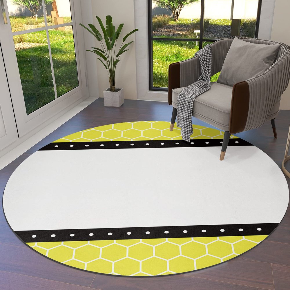 Round Area Rugs 3.3 FT Diameter for Kids Room Vellow Honeycomb Stripes Polka Dot Patterr Decorative Rug Carpet Floor Mat Yoga Mat for Boys Girls Playroom Home Decor