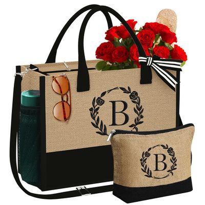 YOOLIFE Birthday Gifts for Women - Gifts for Women Teacher, B Initial Tote Bag Gift for Friend Sister Mom Birthday Graduation Gift for Her Wife, Jute Initial Beach Tote Bag