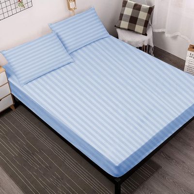 100% Egyptian Cotton 800 Thread Coun 3 Piece Fitted Sheet Set Full Size 15" Deep Pocket Sheet Premium Hotel Quality Fitted Sheet Luxury Long Staple Super Softest - Light Blue Stripe