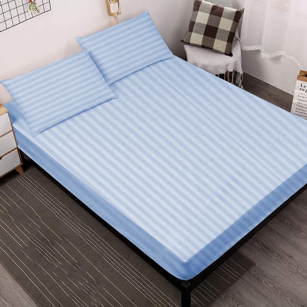 100% Egyptian Cotton 800 Thread Coun 3 Piece Fitted Sheet Set Full Size 15" Deep Pocket Sheet Premium Hotel Quality Fitted Sheet Luxury Long Staple Super Softest - Light Blue Stripe