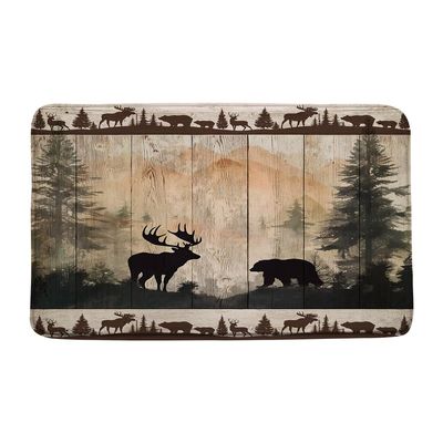 GIXKOXE Rustic Cabin Bath Mat Bear Deer Forest Print Country Farmhouse Wooden Board Retro Lodge Hunting Camping Bathroom Rugs