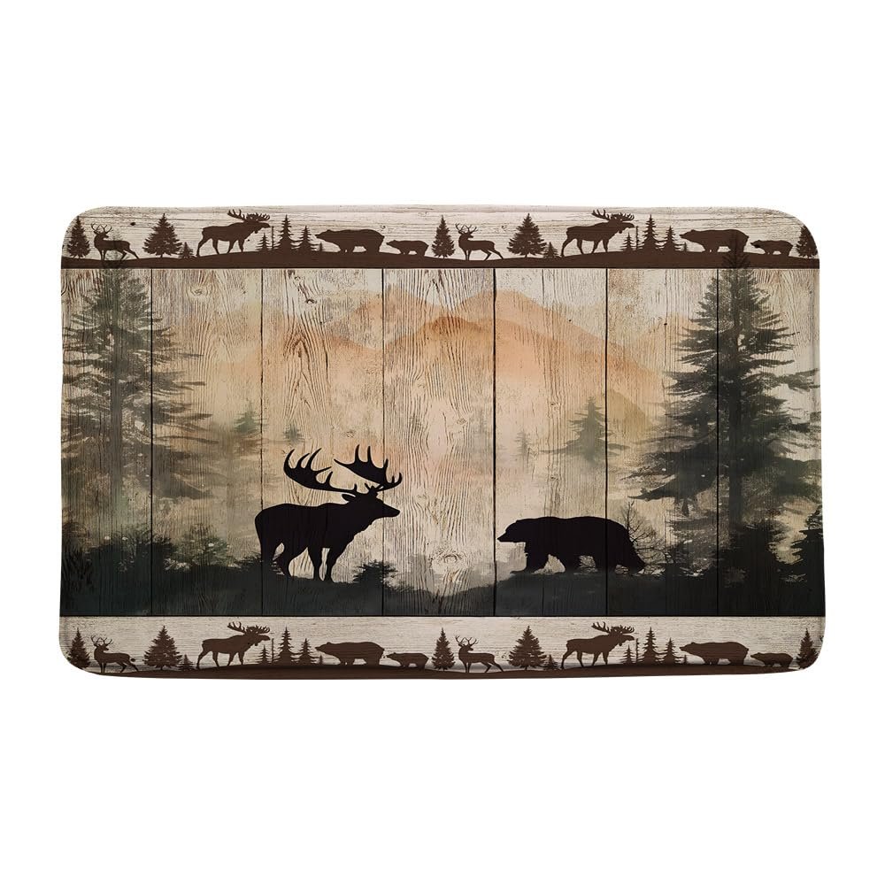 GIXKOXE Rustic Cabin Bath Mat Bear Deer Forest Print Country Farmhouse Wooden Board Retro Lodge Hunting Camping Bathroom Rugs