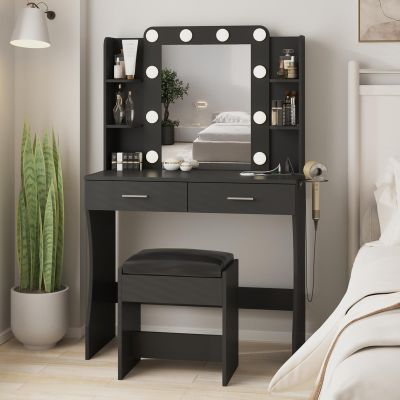 Vabches Vanity Desk with Lights,Makeup Vanity with Power Strip,Dressing Table Set with 2 Large Drawers,Vanity Mirror 3 Lighting Color Adjustable,Black