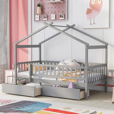 Quarte Twin Size Wood House Bed Frame with Fence and Roof, Wooden Daybed Tent Bed with Two Drawers for Kids Boys Girls Bedroom,Can be Decorated (Gray/Fence~3)