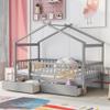 Quarte Twin Size Wood House Bed Frame with Fence and Roof, Wooden Daybed Tent Bed with Two Drawers for Kids Boys Girls Bedroom,Can be Decorated (Gray/Fence~3) view 1