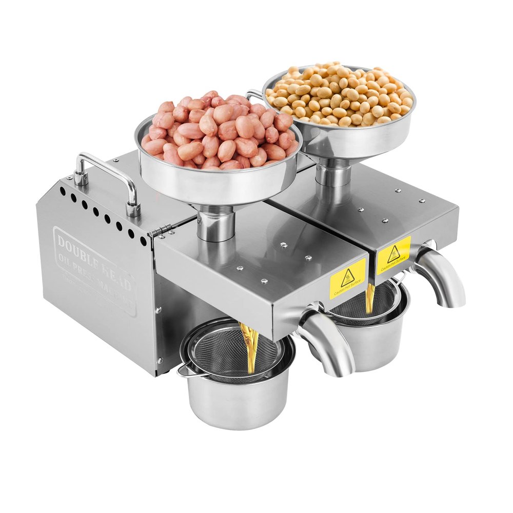 DYNAMI Automatic Oil Press Machine with Double Oil Outlets,Stainless Steel 600W Electric Kitchen Oil Maker Nuts Seeds Oil Presser Pressing Machine Cold Hot Press for Commercial Home Use