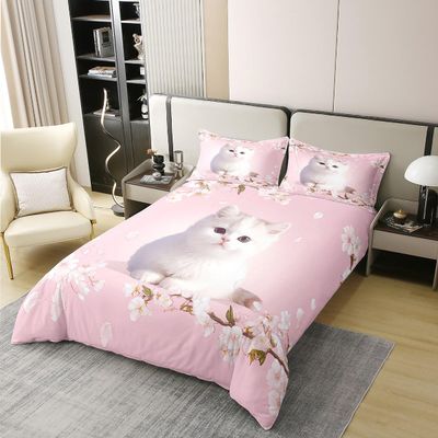 jejeloiu Kids Cat Cotton Duvet Cover Set Twin Cute Kitten Floral Comforter Cover Set for Girls Teens Pet Cat Pink Flowers Bedding Set Spring 3D Animal Bedspread Cover Bedroom Decor Quilt Cover 2Pcs