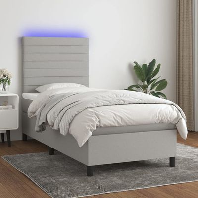 CUMYZO Box Spring Bed with Mattress&LED Light Gray Twin Fabric Gray 57.38kg/126.236Ib