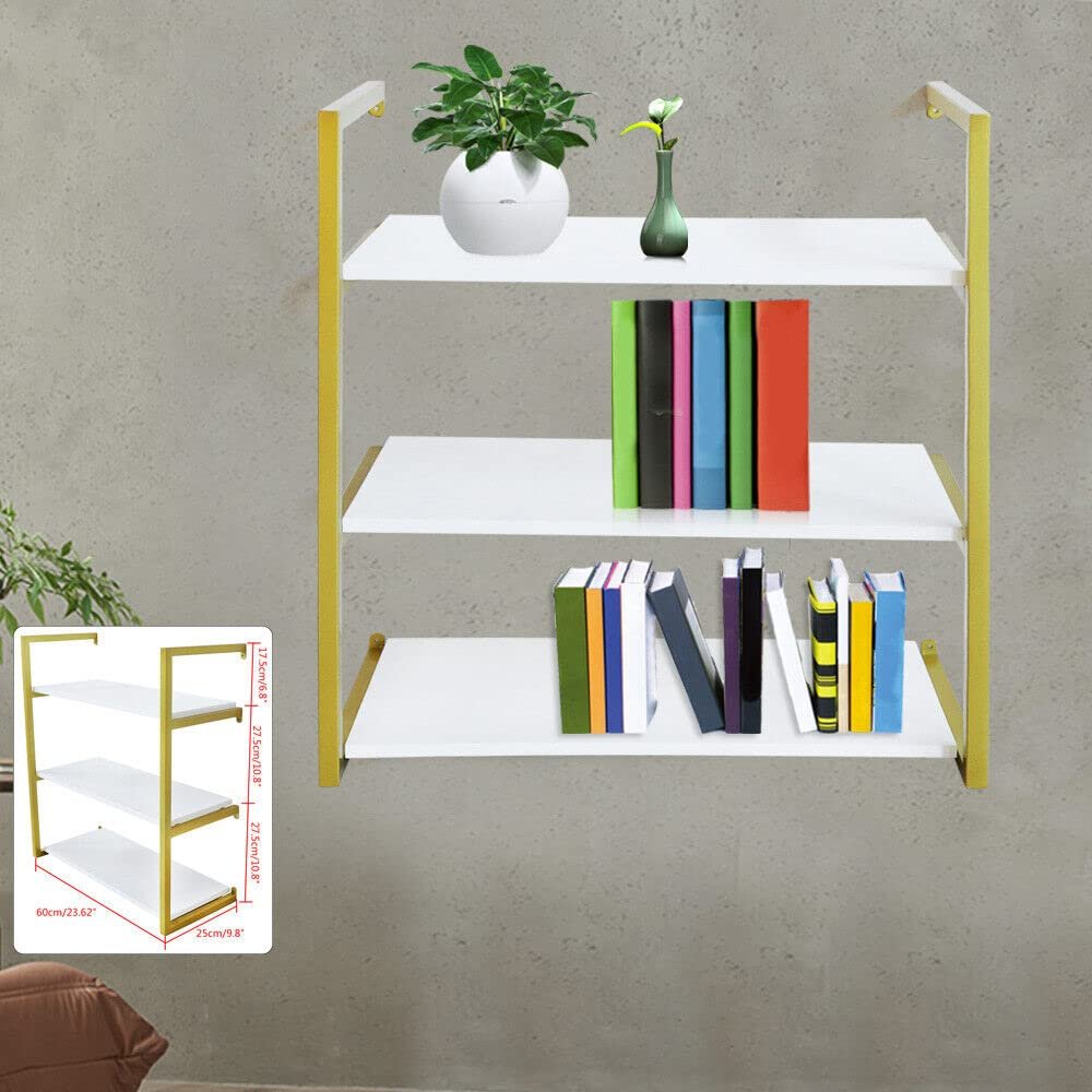 CNCEST 3 Storey Wall Mounted Floating Bookshelf, Wood Wall Bookshelf with Metal Frame Display Shelf for Bathroom Kitchen Living Room Bookshelf