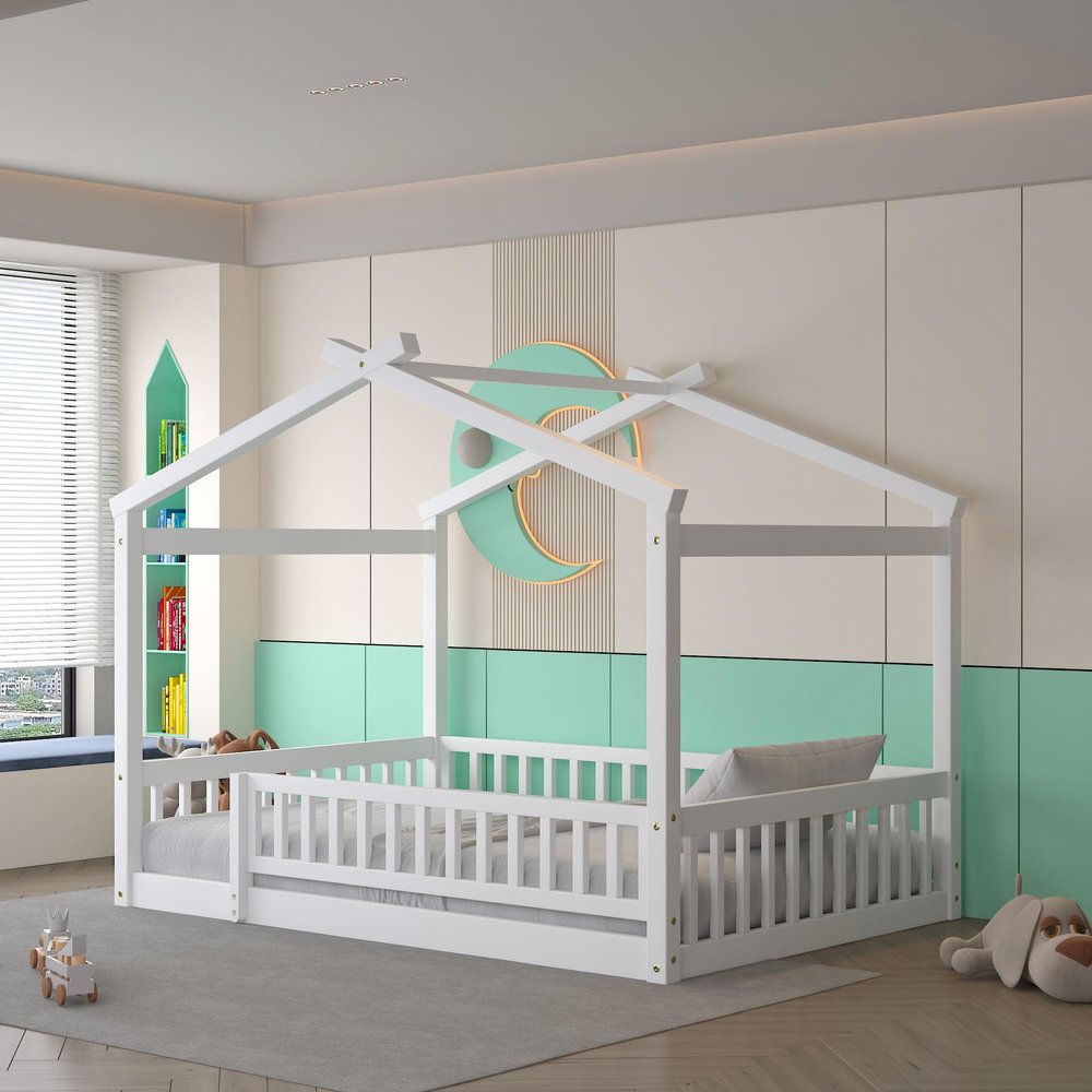 Merax Full Size Wooden House Bed with Fence, Wood Bed Frame with Roof and Safety Guardrail for Kids, Teens, Boys or Girls, 57" L x 62.9" W x 79.5" H, White