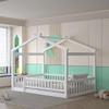 Merax Full Size Wooden House Bed with Fence, Wood Bed Frame with Roof and Safety Guardrail for Kids, Teens, Boys or Girls, 57" L x 62.9" W x 79.5" H, White view 1