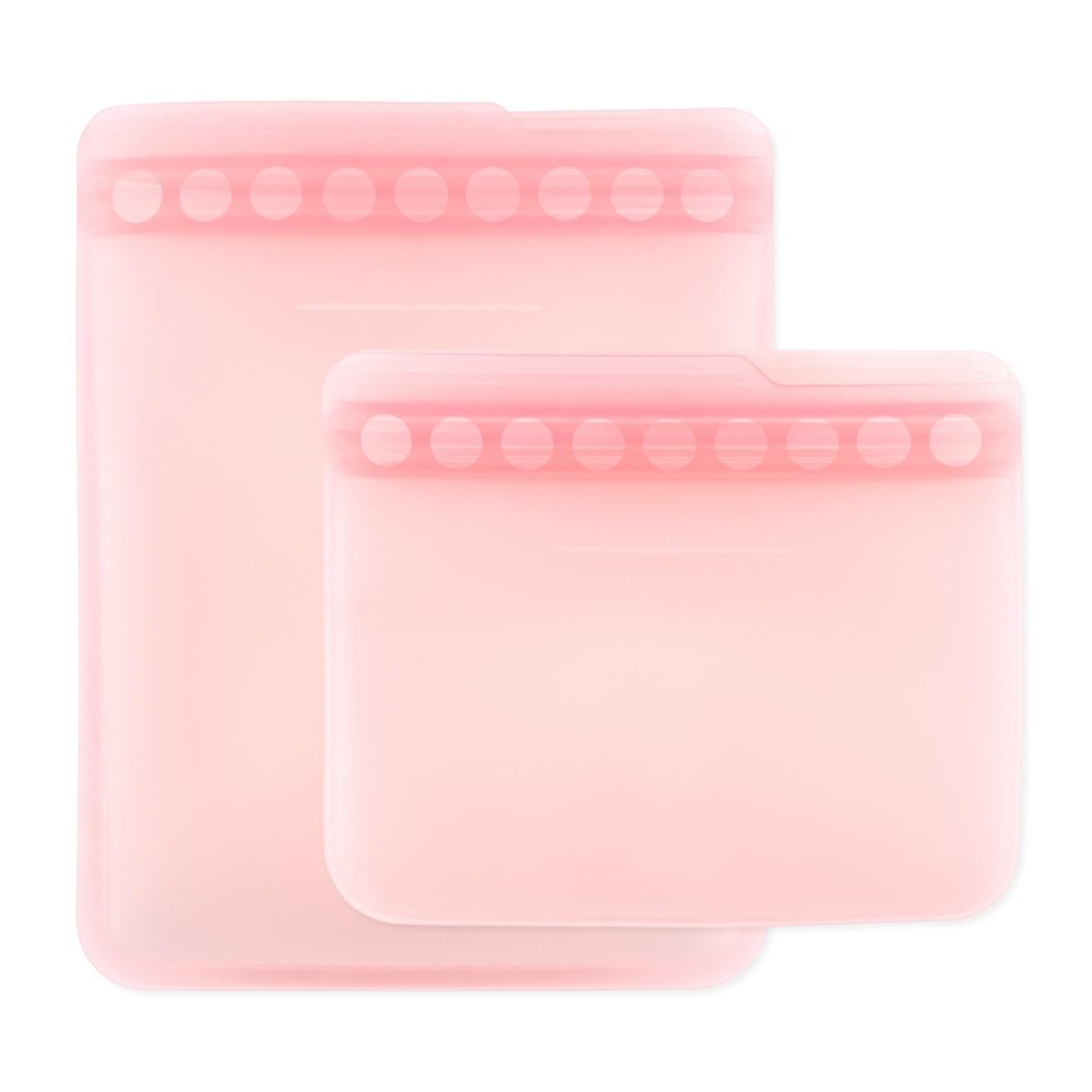 Bumkins - Silicone Snack & Sandwich Bags - For Storage, Food Prep, Lunch Bag - Reusable, Leak Resistant, Washable, Microwave, Freezer & Dishwasher Safe - 2 pack - Pink