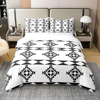 100% Organic Cotton Black and White Geometric Duvet Cover, Square Plaid Pattern Comforter Cover Set for Kids Boys Girls Teens, Geometric Aztec Comfy Bedding Set Full Size, Black White
