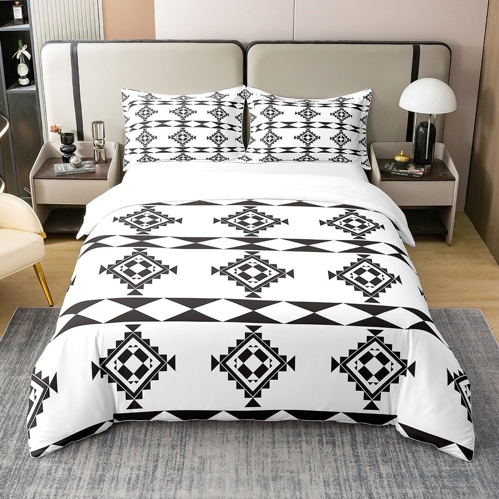 100% Organic Cotton Black and White Geometric Duvet Cover, Square Plaid Pattern Comforter Cover Set for Kids Boys Girls Teens, Geometric Aztec Comfy Bedding Set Full Size, Black White