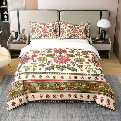 100 Percent Cotton Geometric Flower Duvet Cover Queen Size Bohemian Exotic Comforter Cover Baroque Damask Ornament Bedding Set For Kids Boys Girls Watercolor Vintage Hand Drawn Quilt Cover